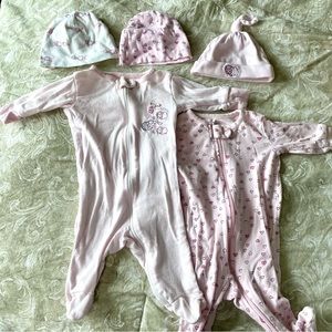 Bundle set of baby girl pajamas and matching hats, newborn, pink, Wonder Nation